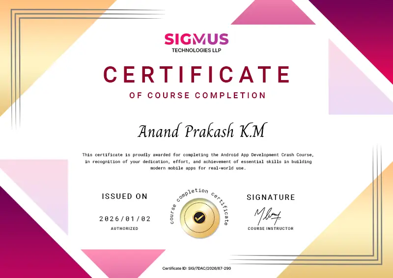 Android App Development Course Completion Certificate